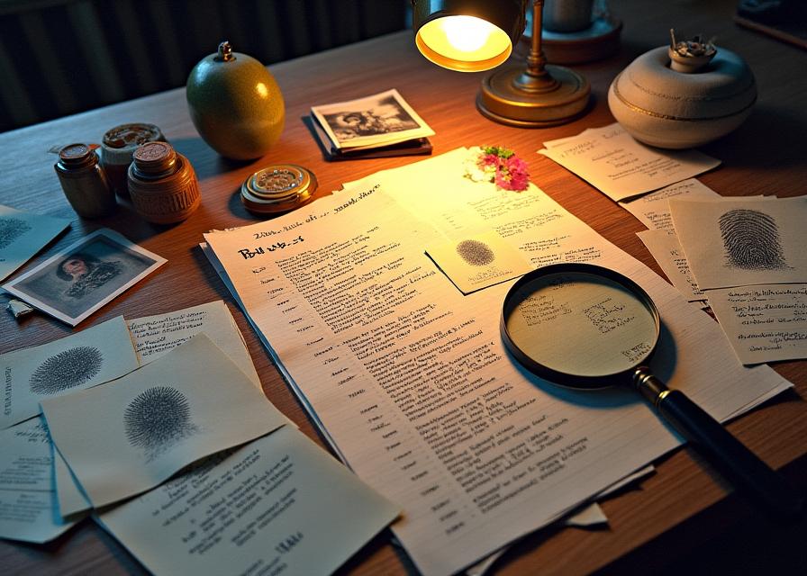 Mesa de investigación con pistas y evidencias de detective